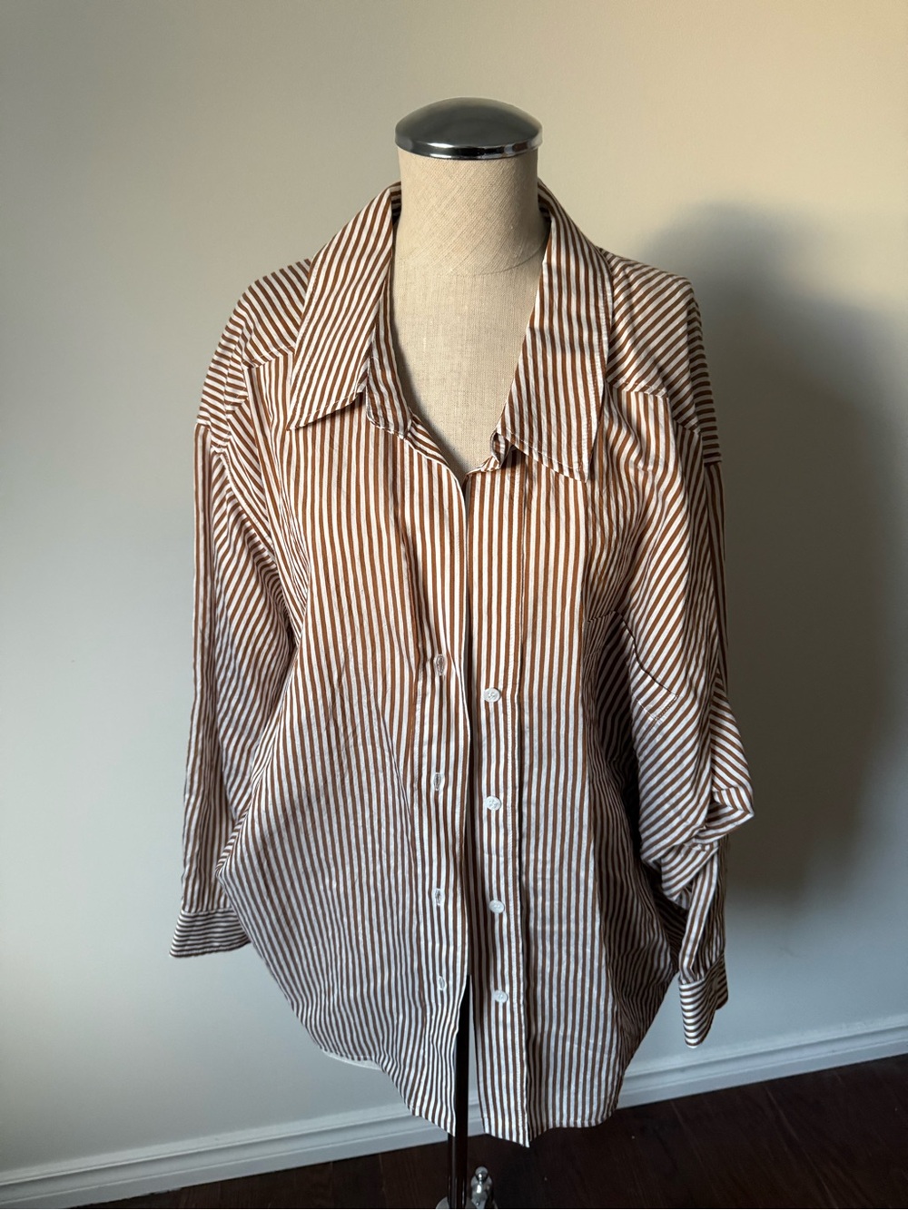 Zara Brown and White Striped Oversized Button-Up Blouse
